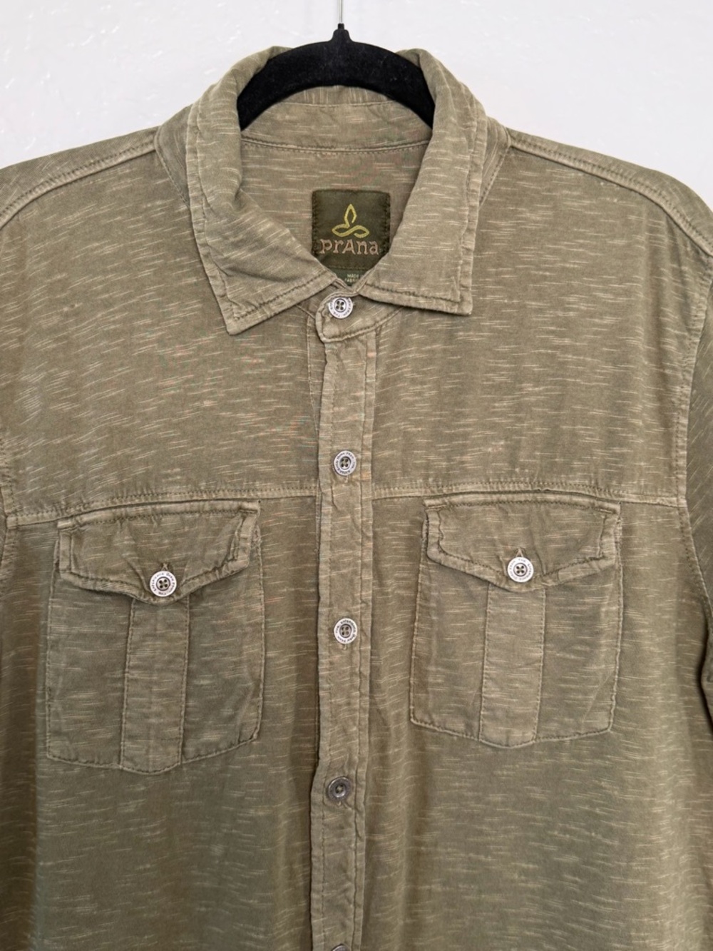 PrAna Olive Green Organic Cotton Short Sleeve Knit Button Down Men's Size M - Picture 4 of 13